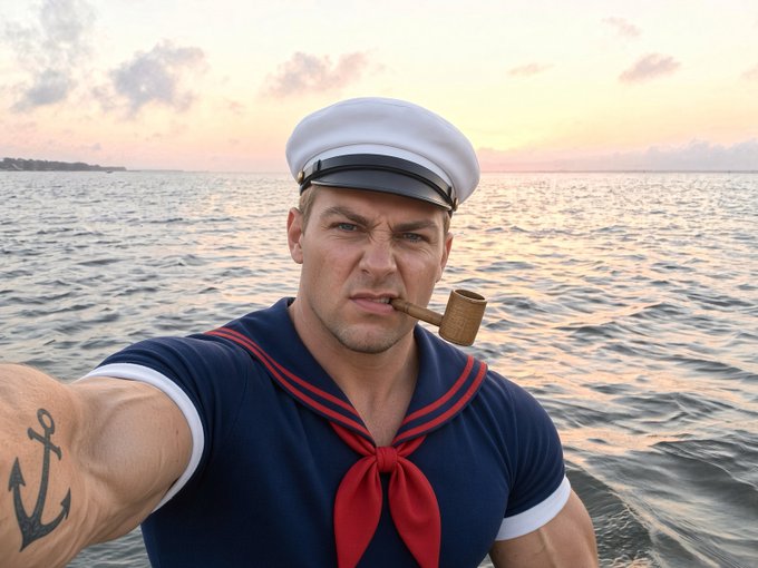 A man dressed as a sailor with a white cap, red neckerchief, and anchor tattoo takes a selfie while smoking a pipe at sea.