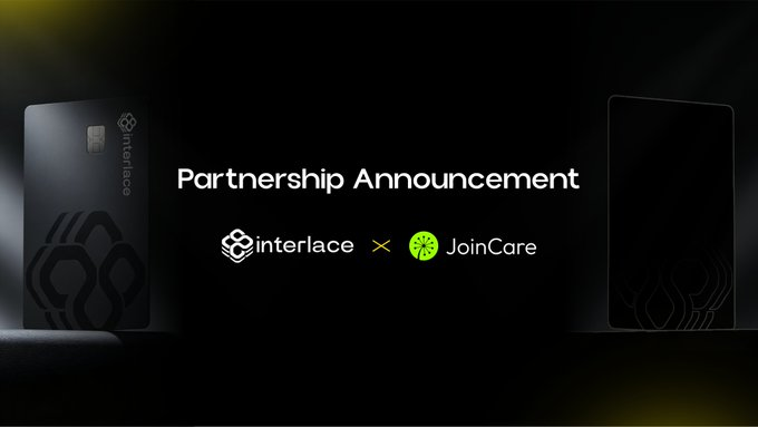 The image is a partnership announcement graphic featuring the Interlace logo (with a black card on the left) and the JoinCare logo (with a dark card on the right), separated by an "×" symbol on a black background. This visually represents the collaboration between Interlace and JoinCare, aligning with the caption's discussion of Interlace's Partner Program and its infrastructure focus behind the card.