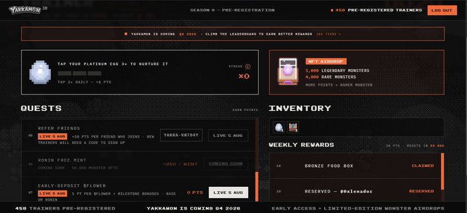 A dark-themed website for Yakamonz shows a pre-registration dashboard with sections for quests, inventory (1,000 Legendary Monsters and 4,000 Rare Monsters), and weekly rewards, noting 'YAKAMONZ IS COMING Q4 2026'.