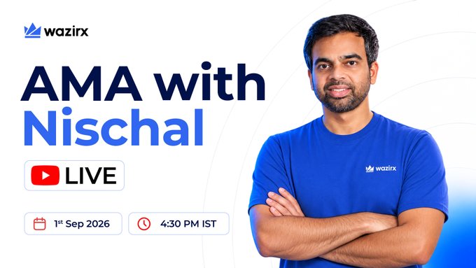 Promotional graphic for a WazirX live AMA session with Nischal Shetty, scheduled for 1st September 2026 at 4:30 PM IST, featuring a photo of him in a blue WazirX t-shirt alongside the WazirX logo and YouTube Live branding.