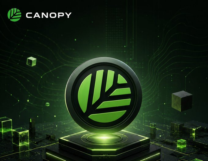 A digital graphic featuring a circular black and green logo with a leaf design, branded 'CANOPY,' displayed on a glowing pedestal against a dark, tech-themed green background with floating cubes.