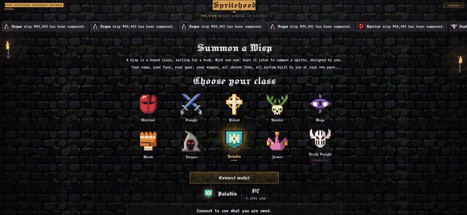 A 'Summon a Wisp' character selection screen from the game Spritehood, displaying classes like Warrior, Knight, Priest, Hunter, Mage, Monk, Rogue, Paladin, Joker, and Death Knight, with notifications showing several 'Rogue' wigs have been summoned.