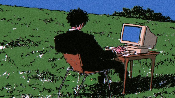 An illustration of a person in a suit sitting at a desk with a vintage CRT computer outdoors in a grassy field.