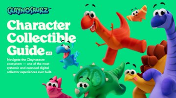 A promotional cover for a 'Claynosaurz Character Collectible Guide' featuring colorful dinosaur figures and claymation-style creatures on a green background.