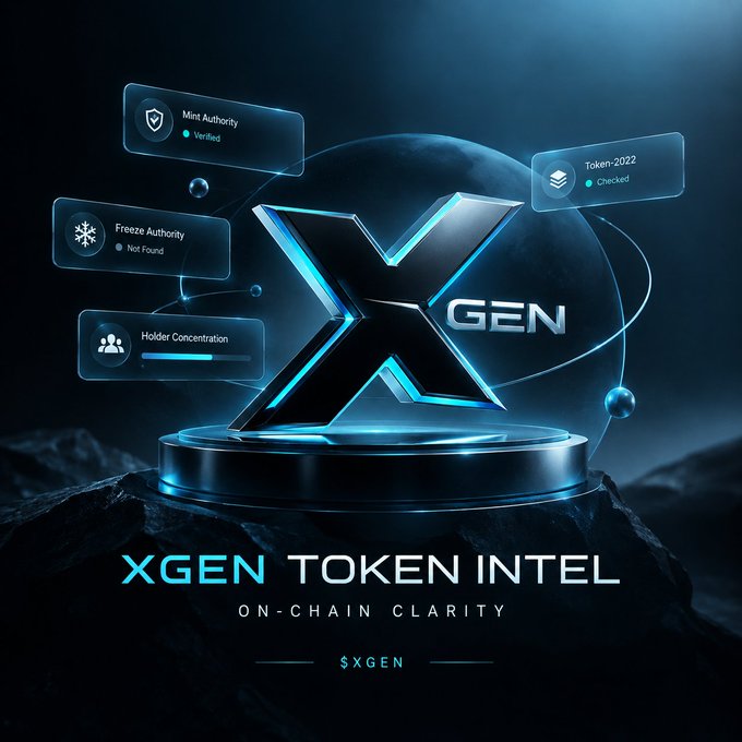 A promotional graphic displays a glowing blue 'X GEN' logo with text reading 'XGEN TOKEN INTEL ON-CHAIN CLARITY' and status panels for 'Mint Authority', 'Freeze Authority', 'Holder Concentration', and 'Token-2022'.