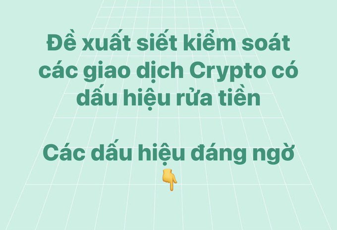 Vietnamese text on a mint green background reads 'Đề xuất siết kiềm soát các giao dịch Crypto có dấu hiệu rửa tiền' and 'Các dấu hiệu đáng ngờ' with a downward-pointing emoji.