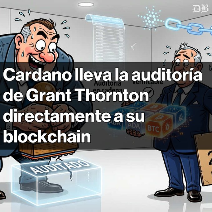 A cartoon illustration showing two men, one nervous/sweating and another holding cryptocurrency cubes (ADA, BTC), with Spanish text overlay reading 'Cardano lleva la auditoría de Grant Thornton directamente a su blockchain'.