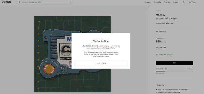 A screenshot from the Verse marketplace showing a queue message popup that reads 'You're in line' due to high demand, over a listing for 'Mannay' from 'Natives Mint Pass' priced at $10.