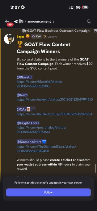 A Discord screenshot announcing the winners of the 'GOAT Flow Content Campaign,' listing 5 winners who will each receive $20 from a $100 pool, with links to X/Twitter posts.