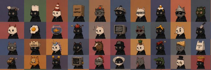 A grid of 40 stylized cartoon cats in various hats and accessories against colorful backgrounds, including a cardboard sign reading "SHIT HAPPENS," a coin on a face, a TV head, and a "FUCK IT" sign, promoting a whitelist (WL) collaboration raffle with NYKO at luckygo.io/r/Tcd-Alpha-X.