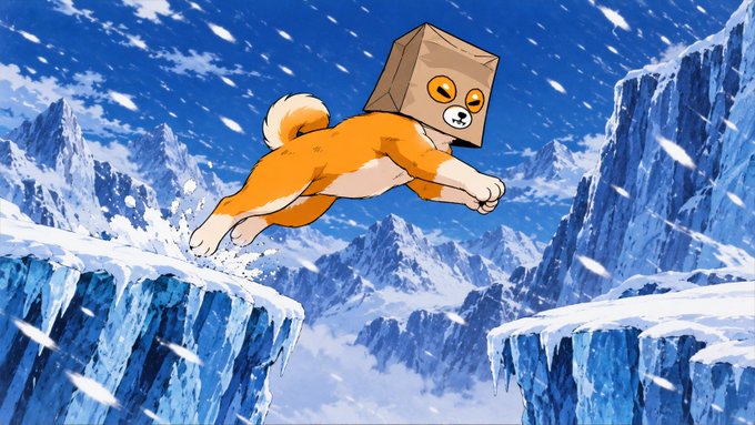 An illustrated scene shows an orange cat wearing a cardboard box on its head leaping across a snowy chasm between icy mountains.