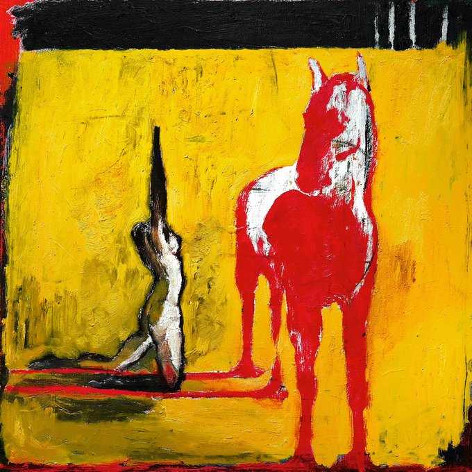 An expressionist oil painting with bold yellow background depicting a red horse figure and a smaller dark figure with raised arms.