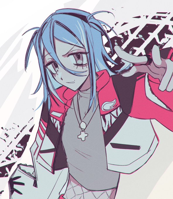 An anime-style illustration of a character with blue hair wearing a red and white jacket and a cross necklace.