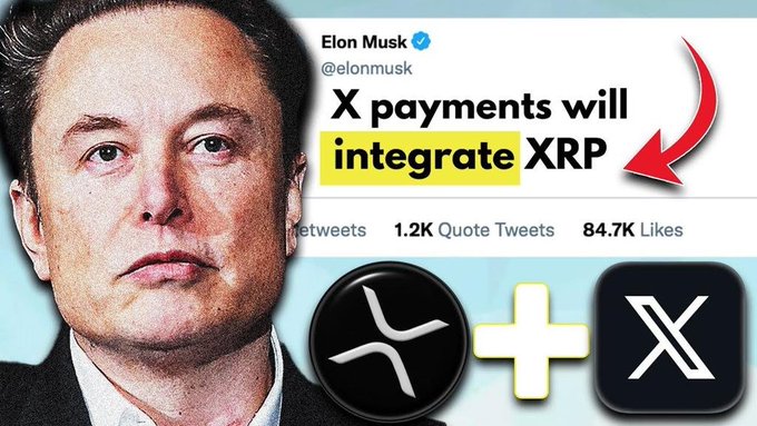 The image is a misleading promotional graphic featuring Elon Musk's photo alongside a fabricated tweet from @elonmusk claiming "X payments will integrate XRP," with 1.2K quote tweets and 84.7K likes, paired with the XRP and X logos. It supports the post's unverified claims about a Musk-Ripple partnership and XRP's role in X payments by visually presenting the announcement as if it came directly from Musk, despite the tweet being fabricated.