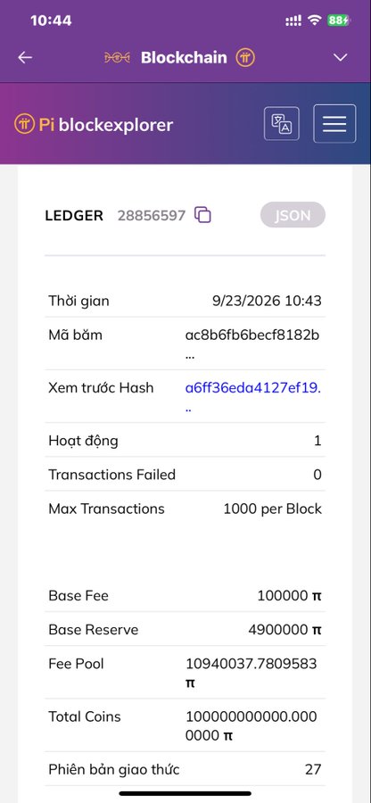 A screenshot of the Pi blockchain explorer showing Ledger 28856597 dated 9/23/2026 with Protocol version 27 (Phiên bản giao thức: 27) displayed, confirming the V27 protocol upgrade has appeared on Pi's mainnet ledger.