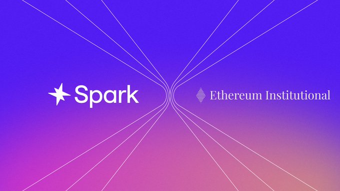 The image features the "Spark" logo alongside the "Ethereum Institutional" logo on a vibrant purple and pink gradient background with converging light rays, visually representing Spark's new partnership and support of the Ethereum Institutional initiative.