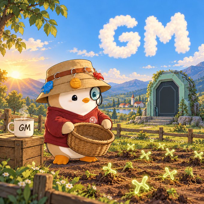 A digital illustration shows an adorable penguin character wearing a bucket hat and red sweater holding a basket in a garden; clouds in the sky spell out 'GM' alongside a 'GM' coffee mug.