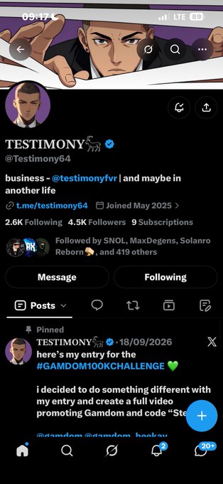 A Twitter/X profile for 'TESTIMONY' (@Testimony64) shows a pinned post about an entry for the '#GAMDOM100KCHALLENGE'.