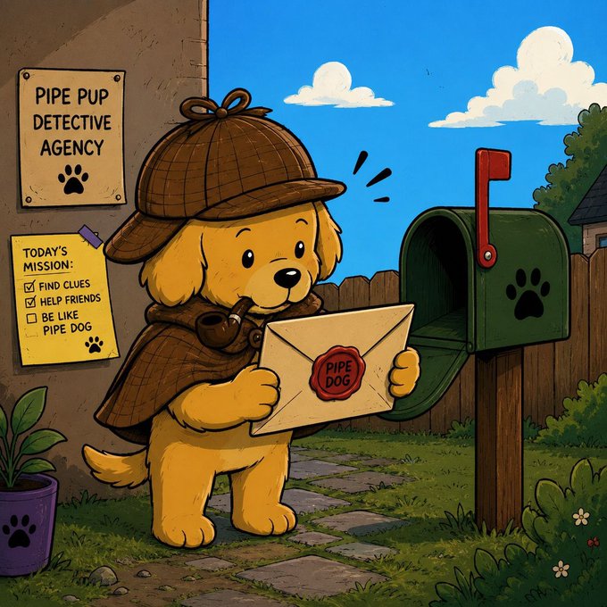 A cartoon illustration of a dog detective wearing a Sherlock Holmes-style deerstalker hat and smoking a pipe, reading a 'PIPE DOG' envelope next to a mailbox outside the 'PIPE PUP DETECTIVE AGENCY'.