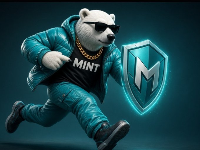 A digital illustration of a polar bear wearing sunglasses, a gold chain, and a blue tracksuit with a 'MINT' shirt, running alongside a teal shield bearing the letter 'M'.