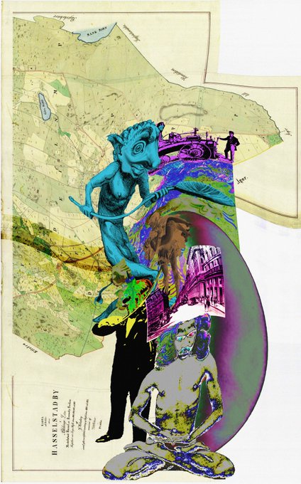 A colorful collage features various images layered over a vintage map, including a teal figure of a man on horseback, a meditating figure, a colosseum, and a document labeled "H.S.S. MAILED BY".