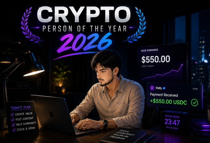 The image features a man sitting at a desk with a laptop computer, surrounded by various items such as books and a keyboard. The background of the image shows a city skyline, suggesting that this scene takes place in an urban setting. The caption for the image reads "Crypto Person of the Year 2026", indicating that the photo was taken to celebrate the year of cryptocurrency.