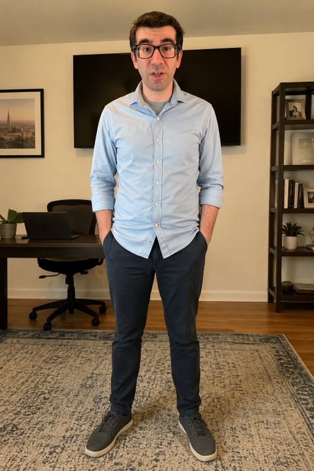 A man with glasses, wearing a light blue button-up shirt, dark pants, and gray sneakers, stands in what appears to be a home office. The accompanying message expresses thanks to @nkokkalis, likely acknowledging the person pictured in the image.