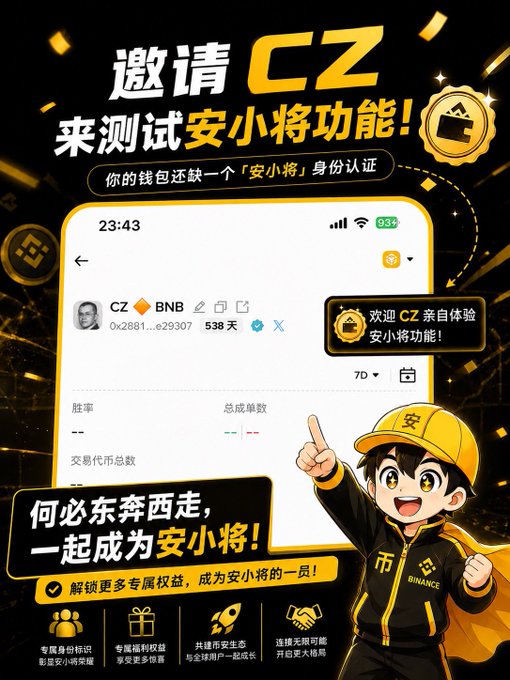 A promotional graphic from Binance inviting 'CZ' to test the '安小将' (An Xiao Jiang) identity authentication feature, featuring an anime-style mascot and a mockup of his profile.