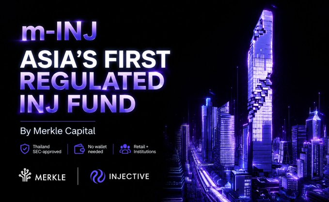 The image shows a city skyline with buildings lit up at night, including a tall building that has purple lights shining down on it. The text on the image reads "M-INJ Asia's first regulated INJ fund by Merkle capital just launched m-inj The SECURITY + BIG PLAYERS assets custody under sec rules. → OPEN TO EVERYONE IN THailand right now (retail + big players)". This suggests that the image is related to a promotional post for an investment opportunity in Asia, specifically focusing on the regulation of funds by Merkle Capital and the inclusion of big players in the process.
The city skyline serves as a backdrop for this advertisement, emphasizing the importance of the investment opportunity being offered. The purple lights shining down on the buildings add a sense of excitement and allure to the image, further drawing attention to the post's content.