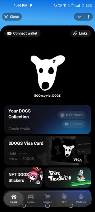 A mobile app screen for the DOGS cryptocurrency showing a dog avatar, options to connect a wallet, view a DOGS collection with 0 stickers and 0 skins, and a DOGS Visa Card.