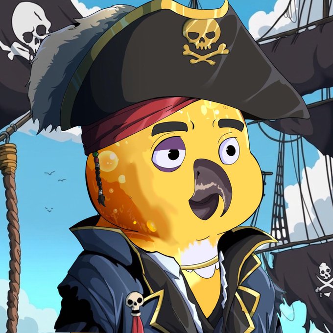 A cartoon parrot dressed as a pirate captain, complete with a skull-and-crossbones tricorn hat and matching coat, stands before a pirate ship with skull-adorned sails. The image ties into the giveaway post by playfully personifying the "Hood Skerb" mascot as a swashbuckling pirate, evoking themes of treasure-hunting luck for the 10 winners.