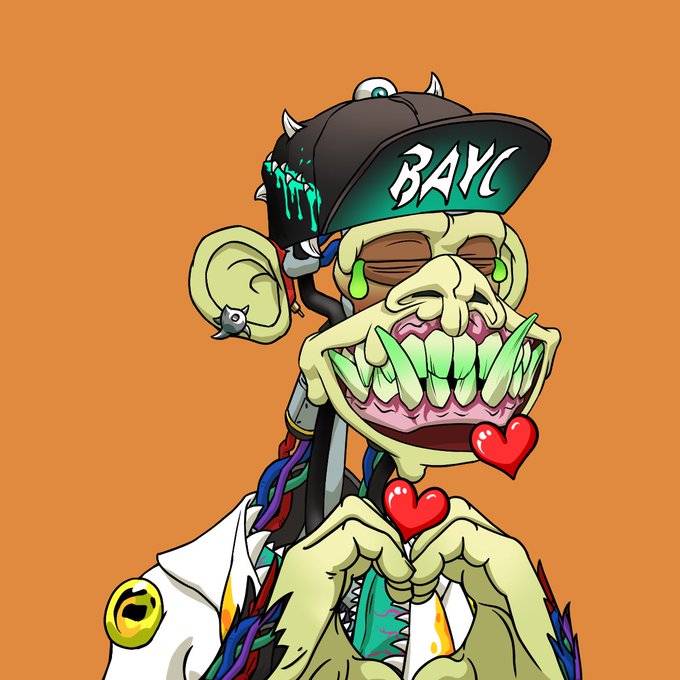 A cartoon illustration of a green-skinned zombie-like character wearing a black and green 'BAYC' cap, making a heart shape with its clawed hands against an orange background.