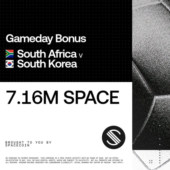 The image features a soccer ball with a black and white pattern. The background of the image is black and white, which contrasts with the soccer ball. In the center of the image, there's text that reads "Knockout hopes on the line, who will step up?". This text is written in a smaller font size than the rest of the image. Below this text, there are three different countries' flags displayed: South Africa, South Korea, and South Africa. The text also mentions that the post was sponsored by Spacecoin.
