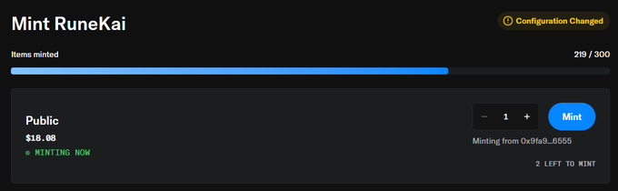 The image shows a "Mint RuneKai" interface indicating that 219 out of 300 items have already been minted, reflecting the post's announcement that the project has reduced its supply cap to 300, with the public mint priced at $19.08 and currently minting from 0x9fa9..6555 with only 2 spots remaining.