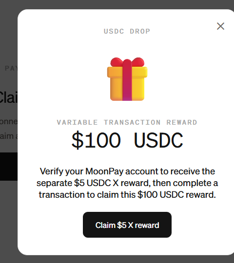 A 'USDC DROP' popup notification offering a $100 USDC variable transaction reward with a 'Claim $5 X reward' button.