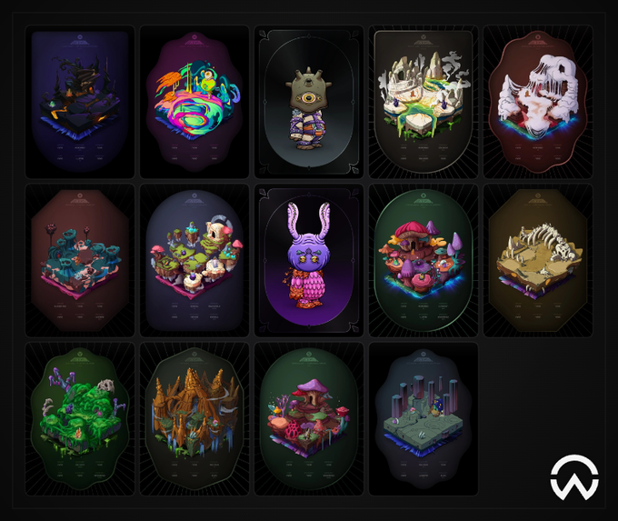 A grid collage displays 14 NFT collectibles from the OthersideMeta, Bored Ape Yacht Club, and Koda collections, featuring various 3D isometric scenes with dark backgrounds, psychedelic creatures, mushroom villages, and skeletal landscapes. The dark-themed arrangement visually catalogs the "12 Deeds, 2 Koda, and 2 MAYC" mentioned in the post, showcasing the diverse digital assets the collector has acquired to deepen their investment in the OthersideMeta ecosystem.