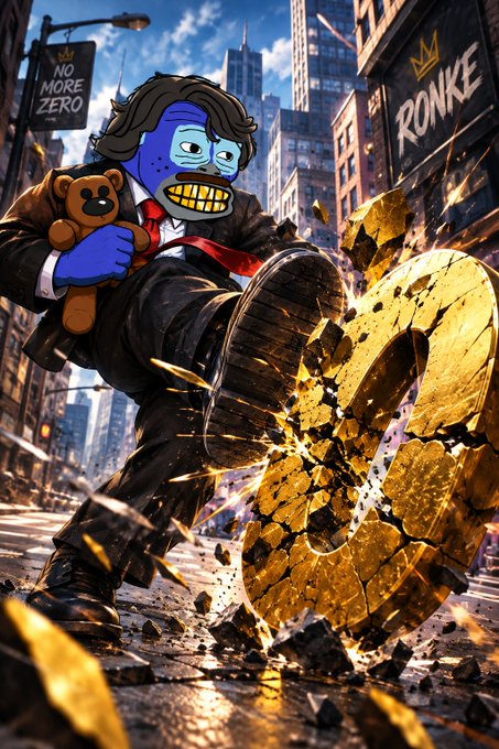 **NFT Artwork**: A cartoonish character with a blue face, golden teeth, and a teddy bear necklace, dressed in a suit. The character is kicking a giant golden number '8' that is shattering on a city street.