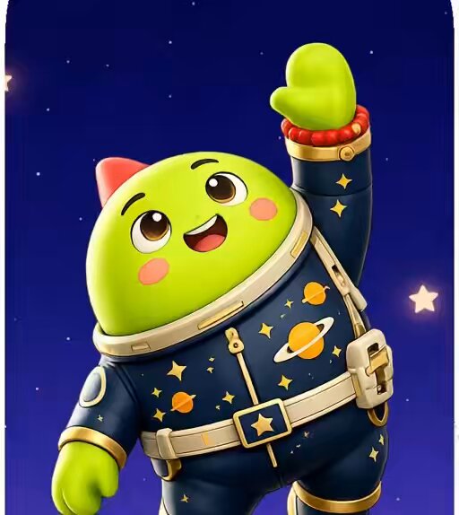 The image features a cartoon character dressed as a green alien wearing a blue suit and gold stars. The character appears to be waving at the camera, possibly posing for a photo or video. The background of the image shows a night sky with stars, creating an interesting contrast between the cartoon character's vibrant outfit and the dark backdrop. There is also text in the image that reads "@NucleusCodes" and "@SLEEPagotchi Creator Leaderboard", which may be related to the post about the leaderboard or the creator of the cartoon character.