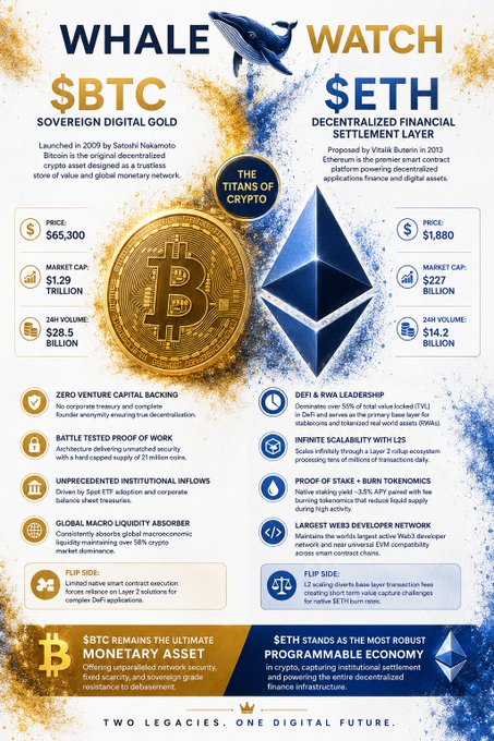 A "Whale Watch" infographic comparing $BTC ($65,300, $1.29T market cap) and $ETH ($1,880, $227B market cap), with Bitcoin labeled as "Sovereign Digital Gold" and Ethereum as "Decentralized Financial Settlement Layer." The image complements the post's Bitcoin statistics with additional Ethereum data and shared features like "Zero Venture Capital Backing," "Battle Tested Proof of Work," and "Global Macro Liquidity Absorber."