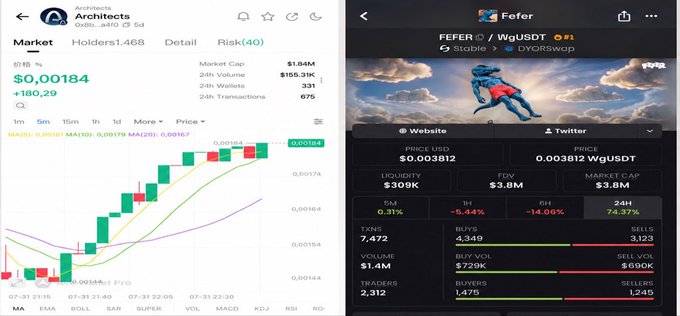 The image shows two cryptocurrency tracking interfaces: on the left, the Arc Network's "$Architects" token (Holders: 1.46B) trading at $0.00184 with a +180.29% gain and a $1.85M market cap, and on the right, the Stable Network's "$FEFER" token on the Wgusdt pair trading at $0.003812 with a 74.37% gain and a $3.8M market cap—illustrating the comparison between USDC-meme (Arc) and USDT-meme (Stable) tokens highlighted in the post.