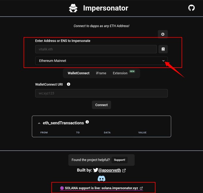 A screenshot of the 'Impersonator' tool showing a form to enter an address or ENS (filled with 'vitalic.eth') to impersonate on Ethereum Mainnet, with connection options for WalletConnect, iFrame, and Extension, plus a note that SOLANA support is live at solana.impersonator.xyz.
