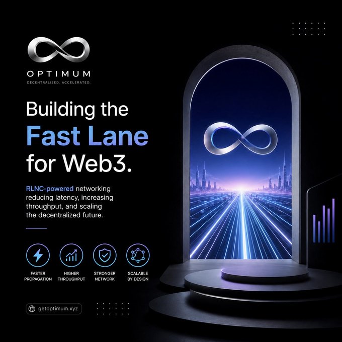 A promotional graphic for 'OPTIMUM' (tagline: 'DECENTRALIZED. ACCELERATED.') titled 'Building the Fast Lane for Web3', promoting RLNC-powered networking with features like faster propagation, higher throughput, stronger network, and scalable by design, at getoptimum.xyz.