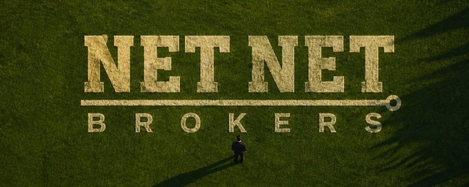 An aerial view of a grassy field displays the logo "NET NET BROKERS" in large grass-mowed lettering, with a small figure standing below it casting a long shadow. The image serves as promotional branding for the @netbrokersnft collection of 7,777 NFTs inspired by $NET and @netnetcapital, accompanying a raffle announcement for 5 guaranteed whitelist spots.