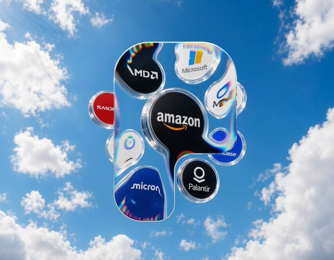 A translucent app icon floats against a cloudy blue sky, featuring logos of major tech and data companies including AMD, Microsoft, SAND, Amazon, Palantir, Micron, and what appears to be SandBox, visually representing the "memestocks" and tokenized real-world assets (RWAs) that the Pons Treasury ecosystem aims to support onchain.