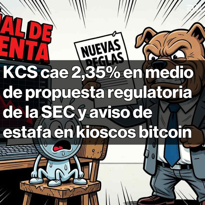 A Spanish news graphic reads 'KCS cae 2,35% en medio de propuesta regulatoria de la SEC y aviso de estafa en kioscos bitcoin,' showing an intimidating dog character presenting new rules to a sweating crypto coin.