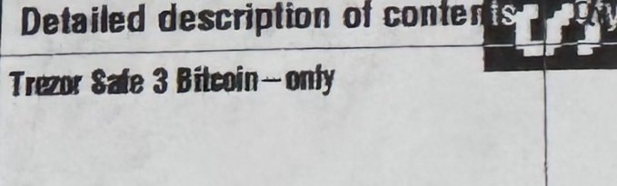 The image shows a classified ad snippet reading "Detailed description of contents" and "Trezor Safe 3 Bitcoin - only," apparently from a newspaper listing where a seller posted their address, contradicting their privacy-focused stance referenced in the accompanying post criticizing doxxing behavior.