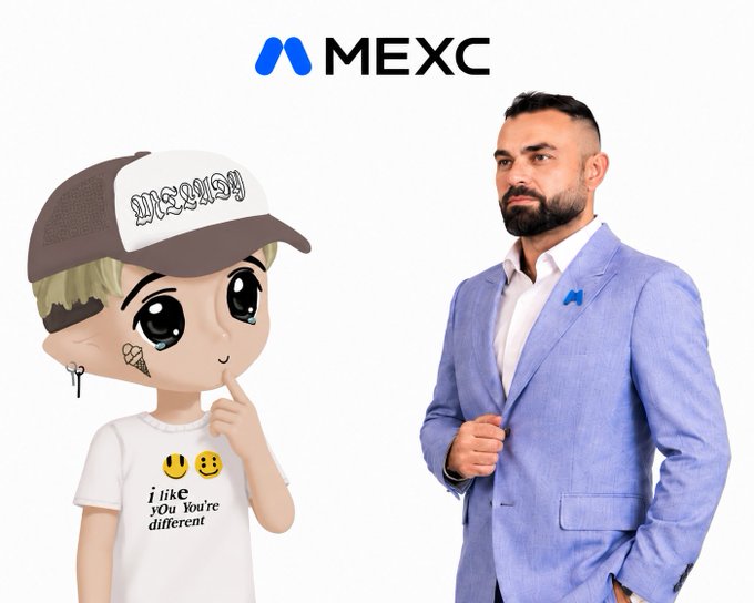 The image features the MEXC logo alongside an animated character wearing an "MEXC" cap and a shirt reading "i like you you're different," and a bearded man in a blue suit with the MEXC pin. It visually reinforces the post's message about MEXC making crypto more approachable and user-friendly, suggesting that accessibility and simplicity are key to breaking down barriers for everyday users.