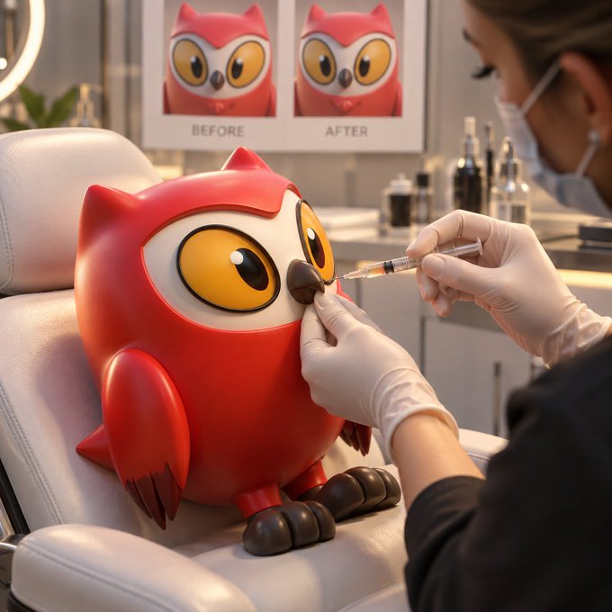 A technician wearing gloves injects lip filler into the beak of a red owl figurine sitting in a cosmetic clinic chair, with "BEFORE" and "AFTER" reference images of the same owl displayed on the wall behind. The image humorously illustrates the post's claim about lip filler by showing the procedure being performed on a cartoon owl whose lips appear visibly enhanced in the "after" photo.