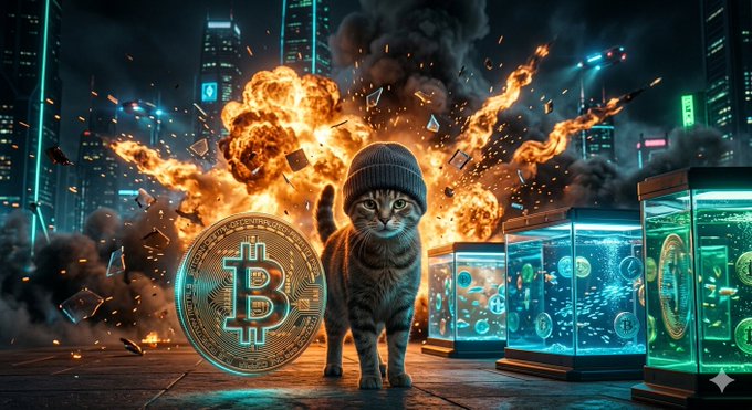The image features a cat standing next to a large Bitcoin coin, with a cityscape of buildings behind them. The caption for this image reads "Goodnight guys $BURN contracts supply while the market cools into equilibrium. @CWIF maintains balanced liquidity through continuous interaction. The system stabilizes without stopping. @LetsBURNfun".