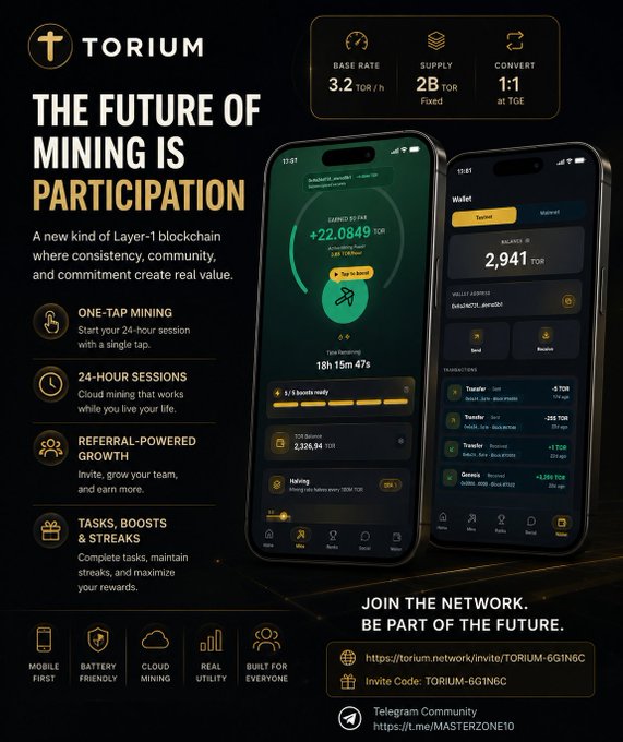 A promotional graphic for a crypto mining app called TORIUM, featuring the text "THE FUTURE OF MINING IS PARTICIPATION" alongside phone mockups showing the app interface.